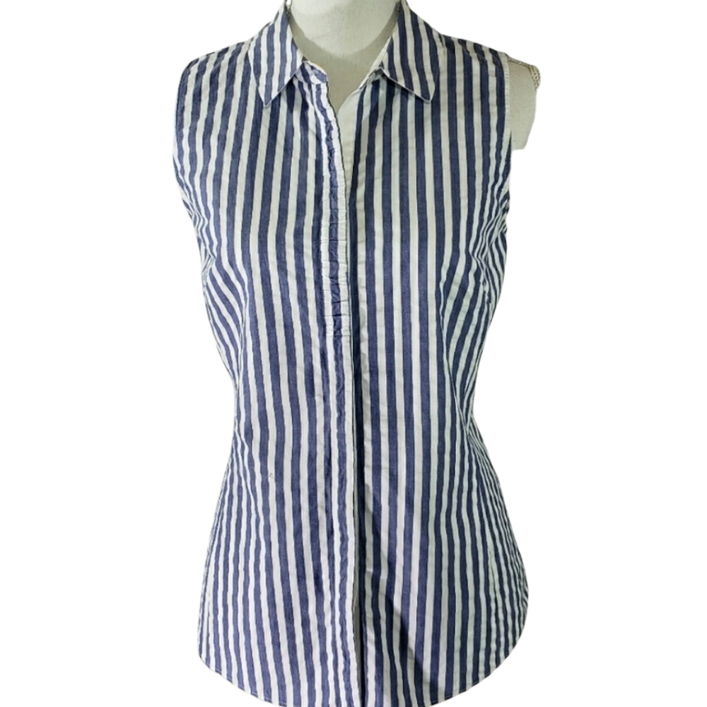 Lafayette 148 New York Blouse  Sleeveless Button Front Blue White Stripe - Picture 2 of 13
